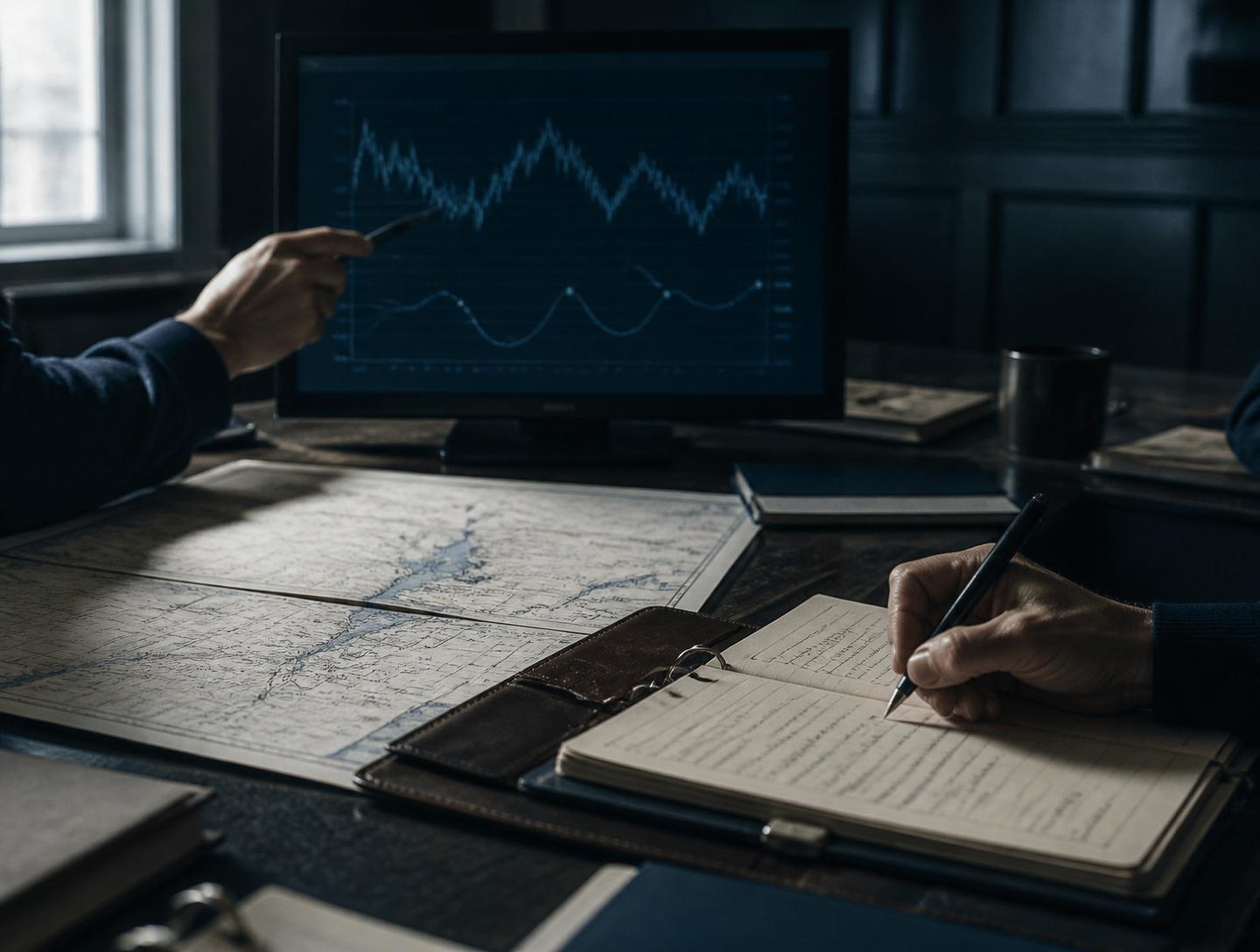 Strategic analysis room with notebook, map and data on screen